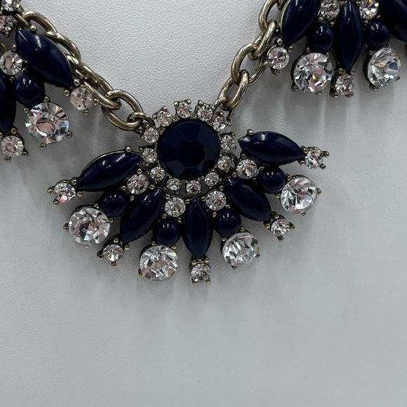 J. Crew Navy Blue and Clear Rhinestone Triple Fan Statement Bib Necklace - Picture 9 of 16